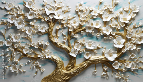 A white-flowered tree painting for wall decor. Generative AI