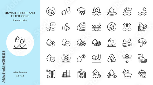 Water Icons Set. Waterproof and Filters Vector Sign and Symbols. Editable Stroke, Outline Thin Modern Icons of Water, Industrial Hydration, Filtration and Water Resistance. 
