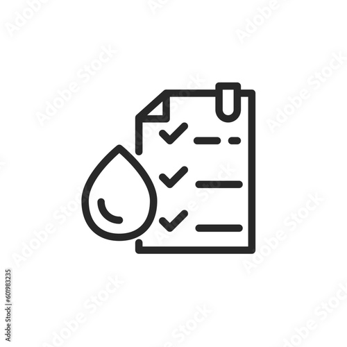 Water Quality Icon. Vector Outline Editable Sign  Illustrating a Checklist and a Water Drop, Symbolizing Water Safety and Purity Tests.