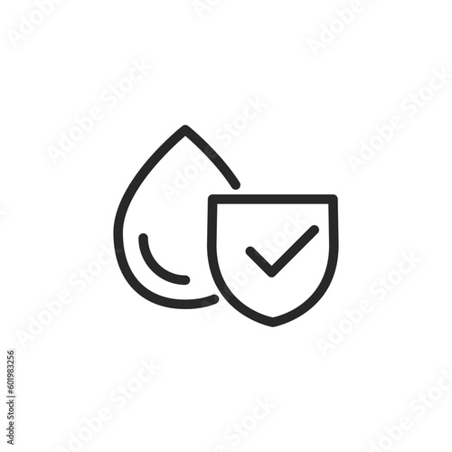 Safe to Drink Water Icon. Vector Outline Water Drop with Shield and Checkmark Symbolizing Drinking Water Quality Guarantee, Certification.