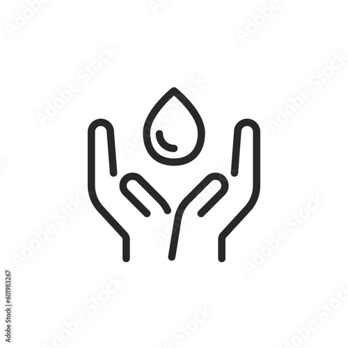 Water Saving Icon. Vector Editable Outline Hands Protecting and Conserving a Water Droplet for Sustainable Living Concept.