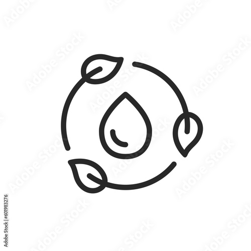 Water Saving Recycle Icon. Vector Editable Thin Outline Concept Eco-Friendly Circle of Leaves Surrounding a Water Drop for Conservation and Sustainability.