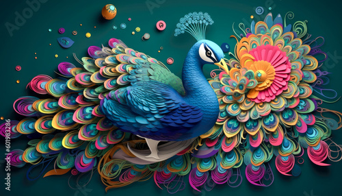 Peacock 3d wallpaper with elegant and colorful feather. Exotic oriental pattern bird wildlife peacocks 3d interior background. Generative AI