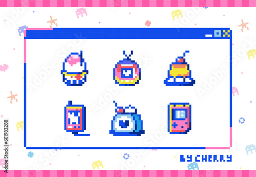 Pixel Art Retro Y2k Geek Set. 8bit retro style vintage pocket gadgets and tasty sweets. Ice cream, video game, dessert cake, mp3 player, game pocket console. Pack of avatars, stickers or badges.