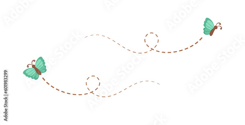 Flying Butterfly trail with dashed line route set. Nature Spring Summer Doodle Illustration Design Element