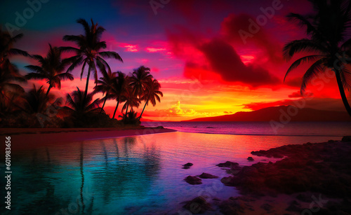 orange sunset over a beach with palm trees © NURA ALAM