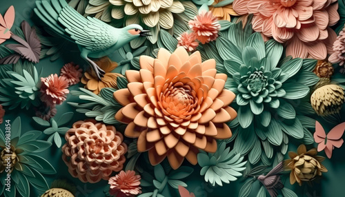 Luxury colorful flower decorative detailed background. Wall art, furniture detail, floral motif. Generative AI