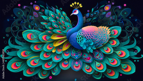 Peacock 3d wallpaper with elegant and colorful feather. Exotic oriental pattern bird wildlife peacocks 3d interior background. Generative AI