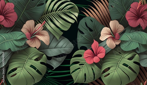  Tropical seamless pattern with hibiscus flowers  beautiful palm  banana leaves. Hand-drawn vintage 3D illustration. Glamorous exotic abstract background art design  Generative AI