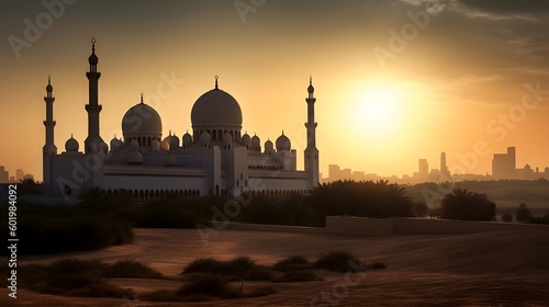 A beautiful mosque in the desert with the sunset for ramadan and eid mubarak background