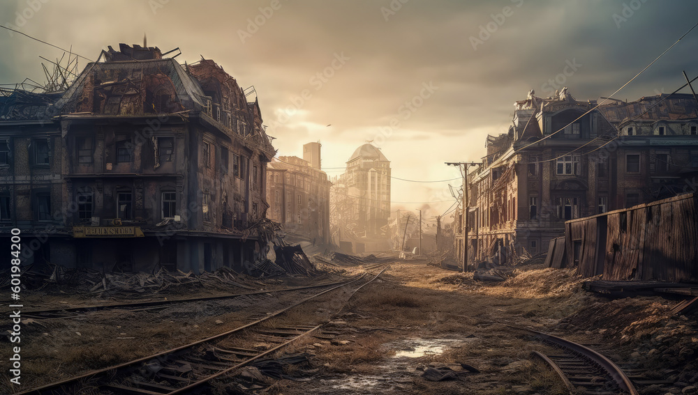 A desolate city street with a railway track amidst ruins. Generative AI