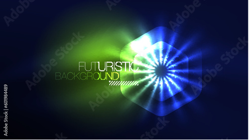 Glowing blue neon hexagons in dark space. Digital technology cyberspace hi-tech techno abstract background template