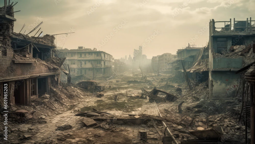 A post-apocalyptic city street filled with rubble and debris. Generative AI A post-apocalyptic city street filled with rubble and debris. Generative AI