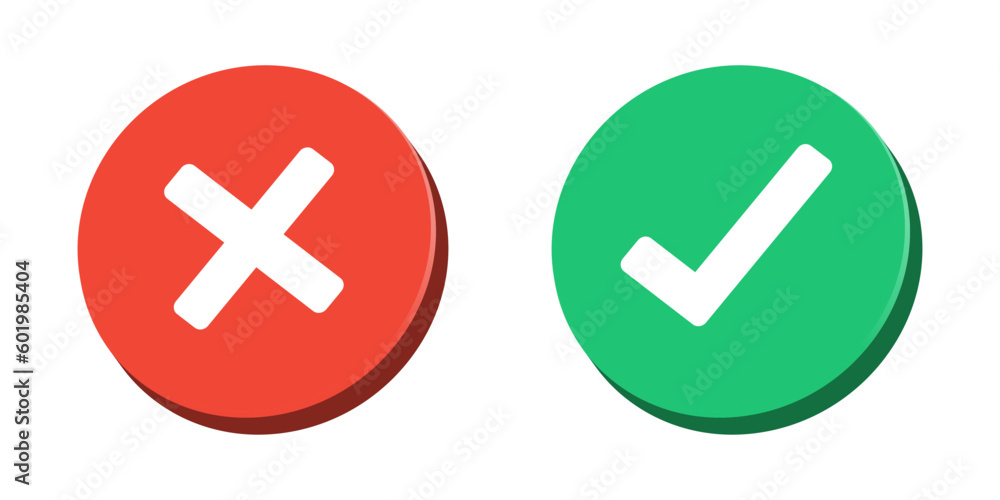 check mark icon 3D button set. check box icon with right and wrong buttons and yes or no checkmark icons in green tick box and red cross. 3D vector illustration - obrazy, fototapety, plakaty 