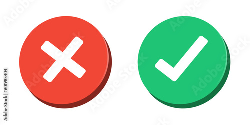 check mark icon 3D button set. check box icon with right and wrong buttons and yes or no checkmark icons in green tick box and red cross. 3D vector illustration
