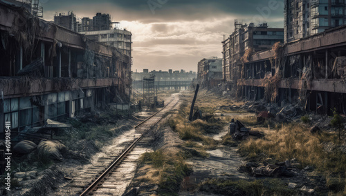 A train track cutting through the ruins of a post-apocalyptic city after a devastating war. Generative AI