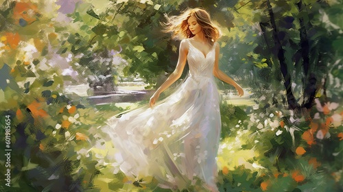 Painting of Happy bride in wedding dress smiling in garden wedding magic realism, Generative AI © Sasint