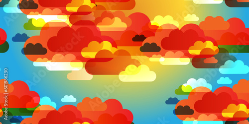 Colorful Overlaying Cloud Silhouettes Pattern, Clouds Covering a Big Orange Sun - Sky with Clouds Design on Blue Background -  Template in Editable Vector Format