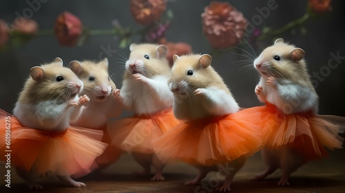 Hamsters dancing in tutu skirt. Generative AI