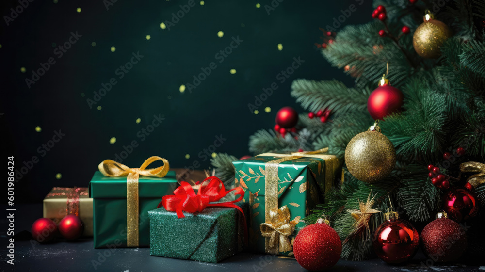 Green Christmas template with fir tree and Christmas toys with copy space. Created with Generative AI technology.