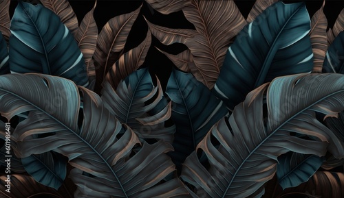 Tropical exotic seamless pattern with dark blue and brown vintage banana leaves  palm and colocasia. Hand-drawn 3D illustration. Good for production wallpapers  cloth  Generative AI