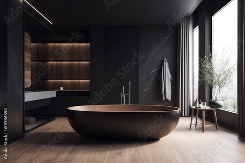 home bathtub luxury black wood bathroom modern design furniture interior light. Generative AI. © VICHIZH