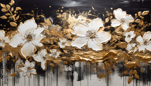 Illustration of white and gold floral oil painting on a black and white background. Generative AI