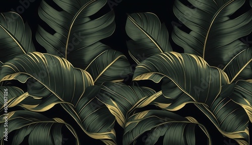 Tropical exotic seamless pattern with golden green banana leaves, palm on night dark background. Premium hand-drawn textured vintage 3D illustration. Good for luxury wallpapers, cloth, Generative AI