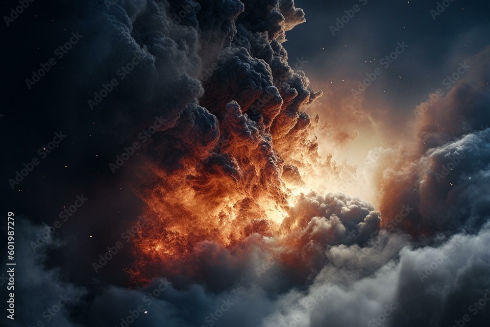 Birth of a star during nebula explosion amidst cosmic clouds of gas and dusts with universe background. Generative AI
