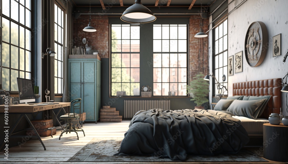 Industrial interior style bedroom with concrete wall, copper pipes and big window with metal frame. Generative AI Industrial interior style bedroom with concrete wall, copper pipes and big window with metal frame. Generative AI