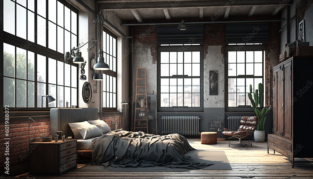 Industrial interior style bedroom with concrete wall, copper pipes and big window with metal frame. Generative AI