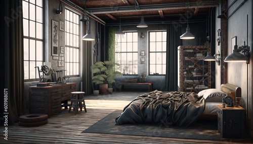 Industrial interior style bedroom with concrete wall, copper pipes and big window with metal frame. Generative AI