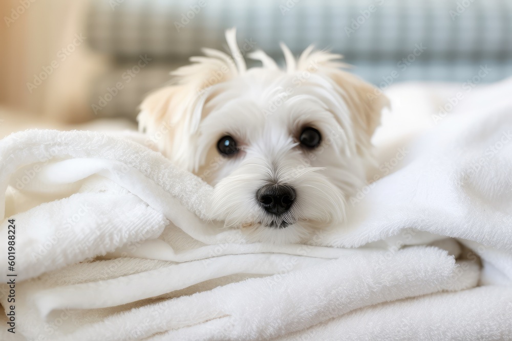 Cute relaxed dog lying on clean towels after taking bath . AI Generated Cute relaxed dog lying on clean towels after taking bath . AI Generated