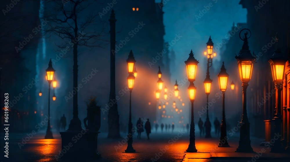 Night city street landscape full of light from street lamps, Generative AI