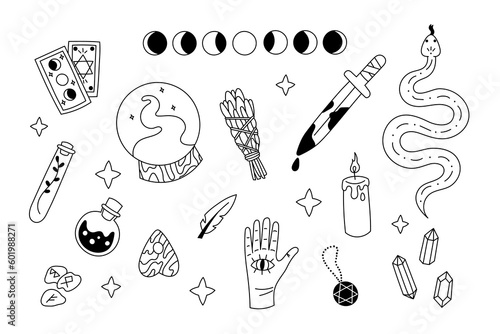 Set of hand drawn vector doodle elements isolated on white background. Mystical occult elements, modern witch things: magic ball, tarot, herbs, dagger, snake, potion, crystals, runes, etc.