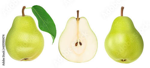 Green pear fruit with half isolated on white background with full depth of field