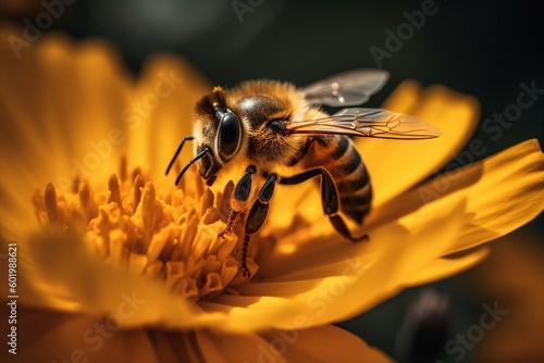 A bee on yellow flower with open wings and closed eyes. Generative AI
