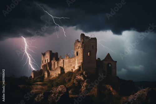 Medieval castle ruins silhouetted against stormy sky with lightning. Generative AI
