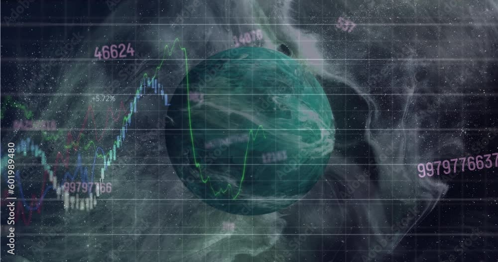 Animation of changing numbers and financial data processing against a planet in space Animation of changing numbers and financial data processing against a planet in space