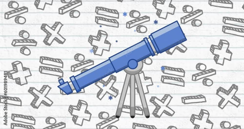 Animation of mathematical symbols and data processing over telescope Animation of mathematical symbols and data processing over telescope
