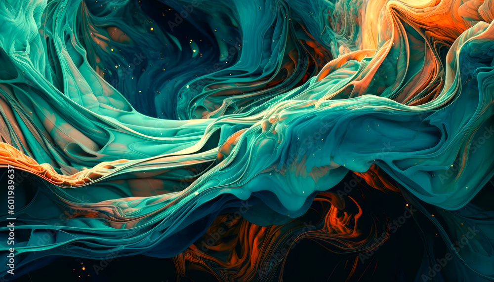 An abstract painting with a blend of blue and orange colors in liquid form. Generative AI