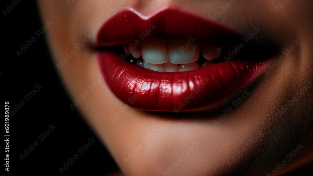 Obraz premium Close-up shot of a beautiful woman's lips with red lipstick. Generative AI.