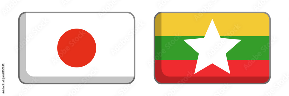 Japanese and Myanmar flags icon set. Vector. Japanese and Myanmar flags icon set. Vector.