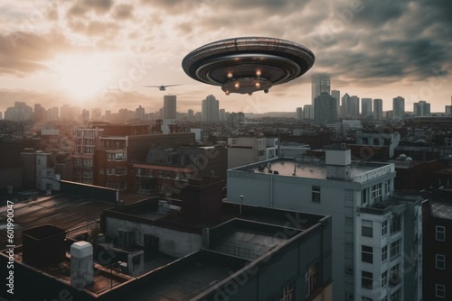 City with unidentified flying object (UFO). Generative AI