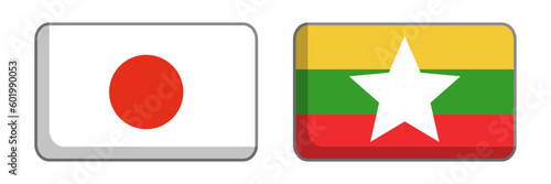 Japanese and Myanmar flags icon set. Vector.