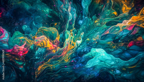 An abstract painting with flowing liquid shapes and vibrant colors. Generative AI © byarnoldus