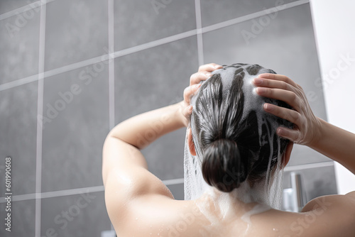 Woman washing hair with shampoo and shower in the bathroom