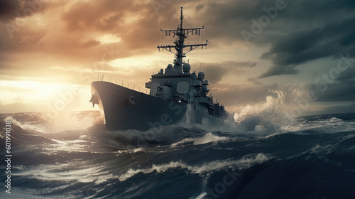 Fotografia naval vessel destroyer sailing fast in the ocean, AI Generated