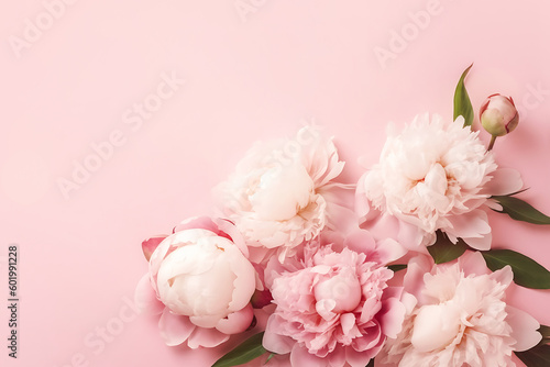 Fototapeta Naklejka Na Ścianę i Meble -  Tender peonies on pink background with copy space. Abstract natural floral frame layout with text space. Romantic feminine composition. Wedding invitation. International Women day, Mother Day concept