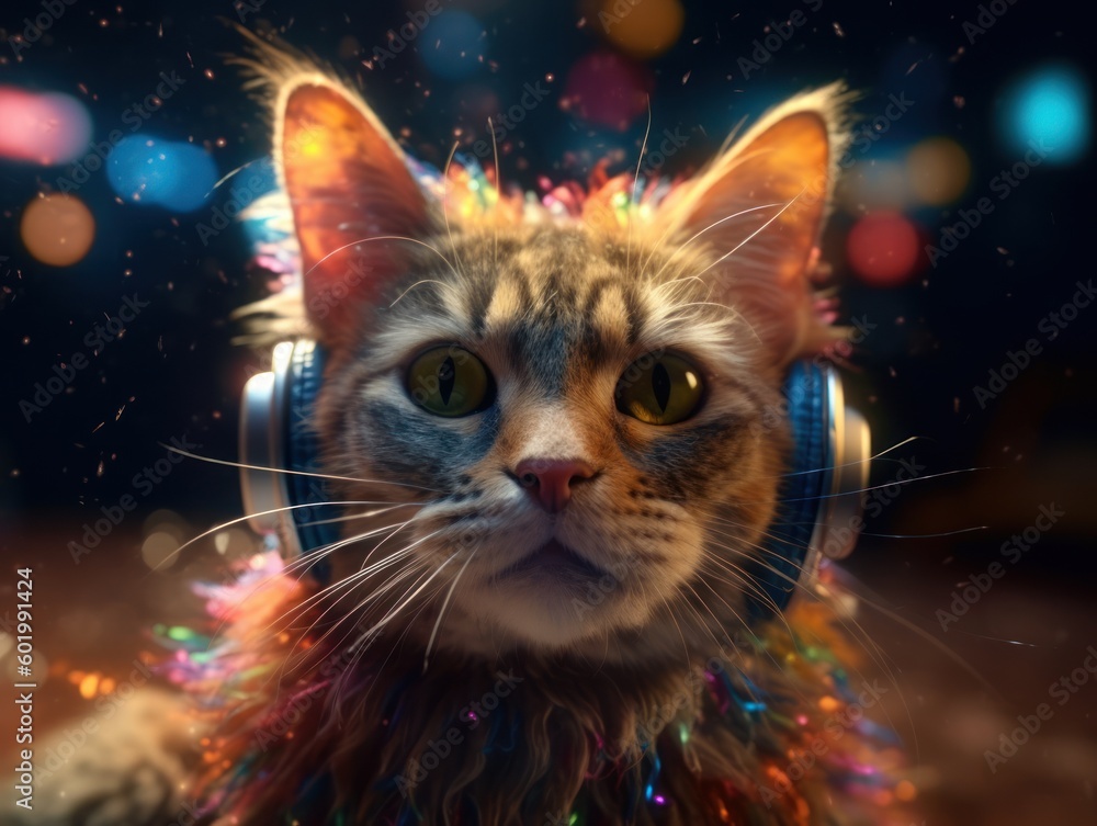 Cat in big headphones enjoys music. Created with Generative AI technology